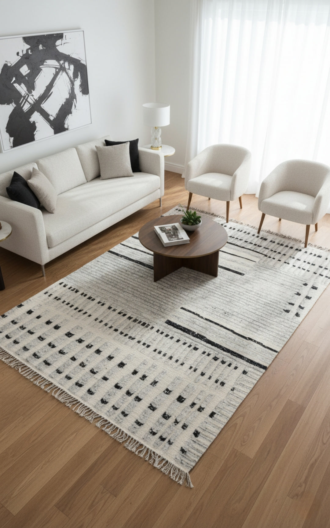 Hand Knotted Ivory Gray Black modern Geometric stripes Rug - Hand Carved Texture 5.6x8.6 