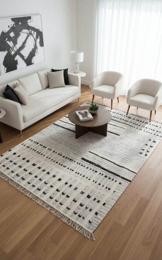 Hand Knotted Ivory Gray Black modern Geometric stripes Rug - Hand Carved Texture 5.6x8.6