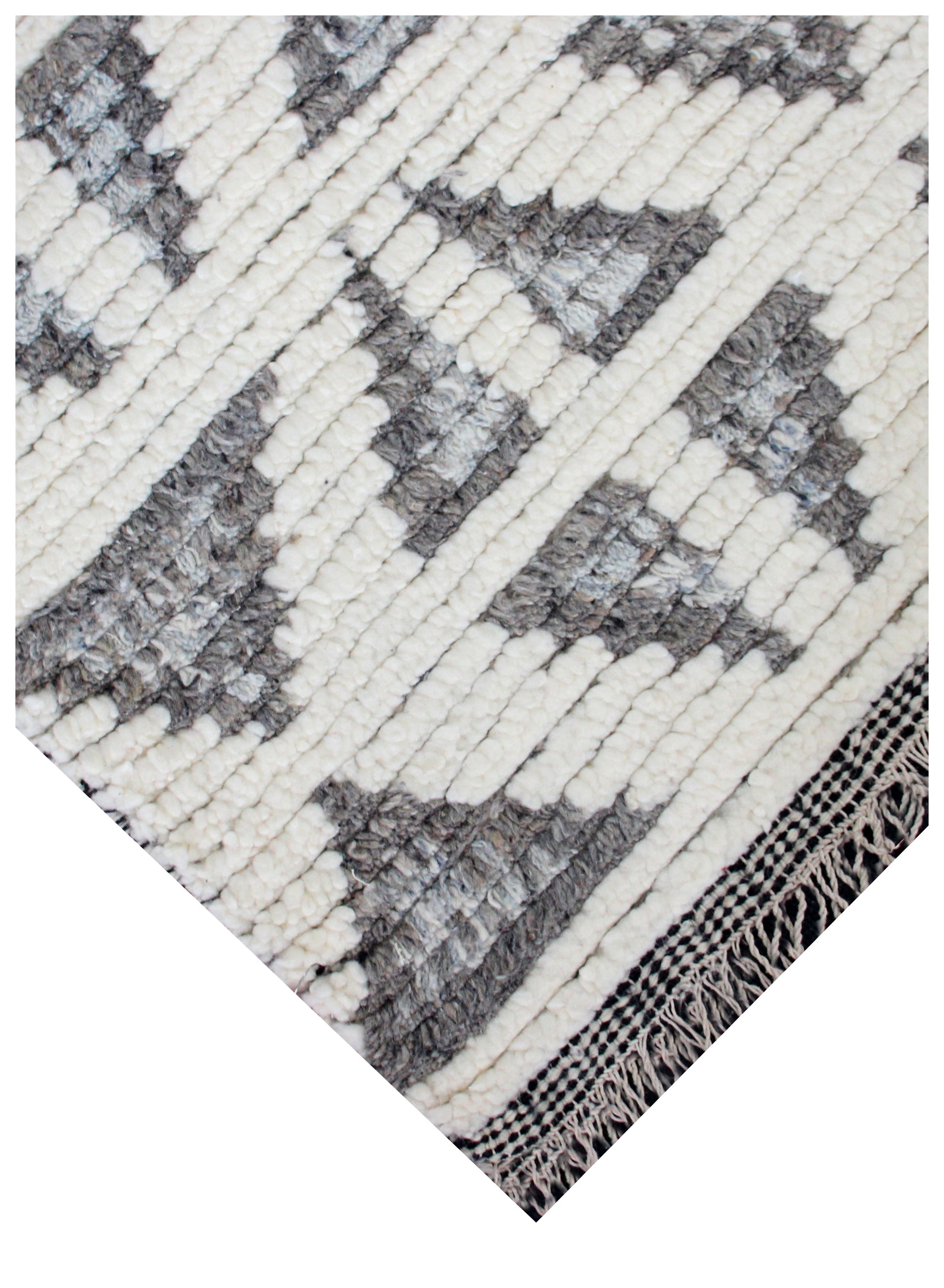 Hand Knotted Ivory Gray Geometric Rug - Striped Texture Area Rug 5x8 Feet 