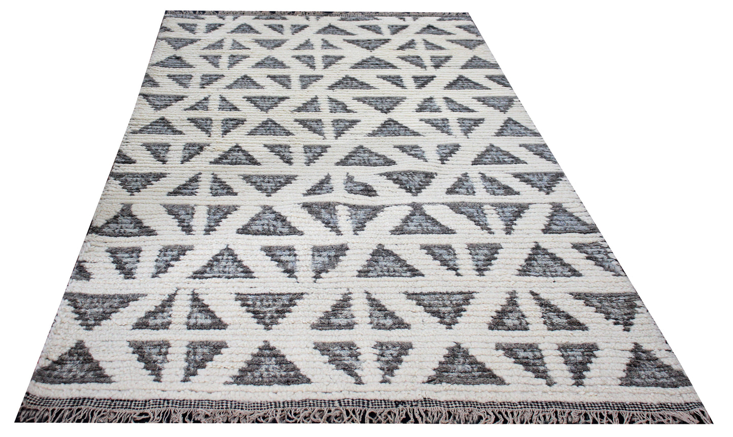 Hand Knotted Ivory Gray Geometric Rug - Striped Texture Area Rug 5x8 Feet 