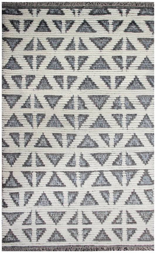 Hand Knotted Ivory Gray Geometric Rug - Striped Texture Area Rug 5x8 Feet 