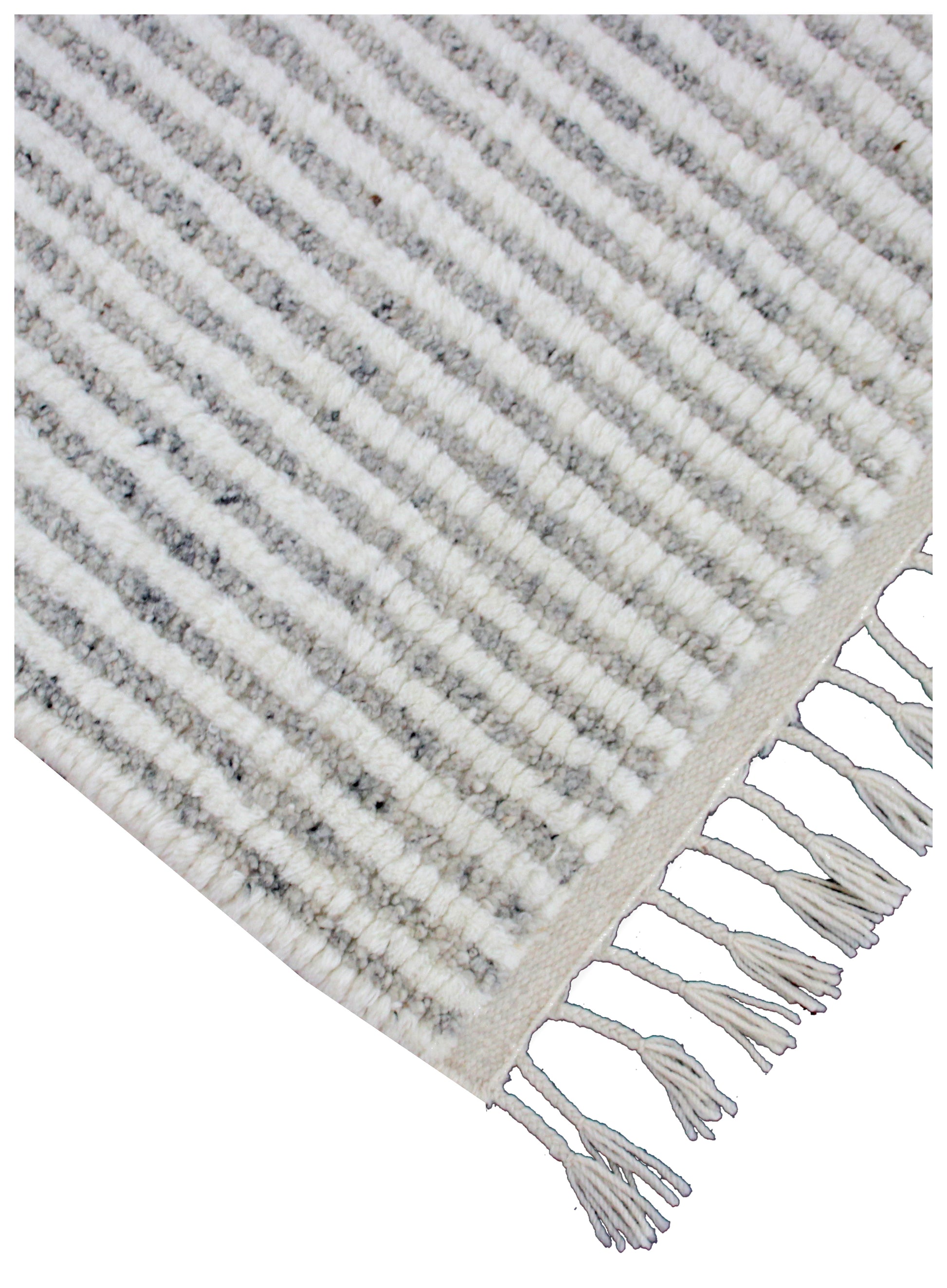 Hand Knotted Ivory Gray Modern Striped Rug - Hand Carved Texture 5.6x8.6 Feet 