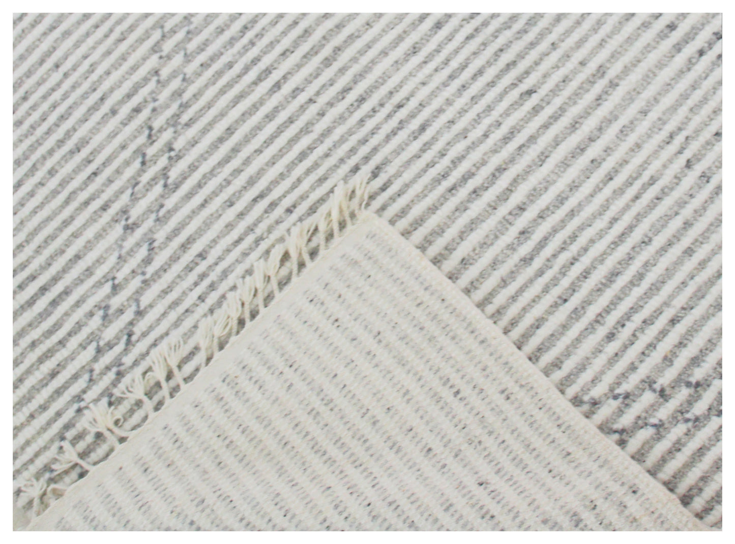 Hand Knotted Ivory Gray Modern Striped Rug - Hand Carved Texture 5.6x8.6 Feet 