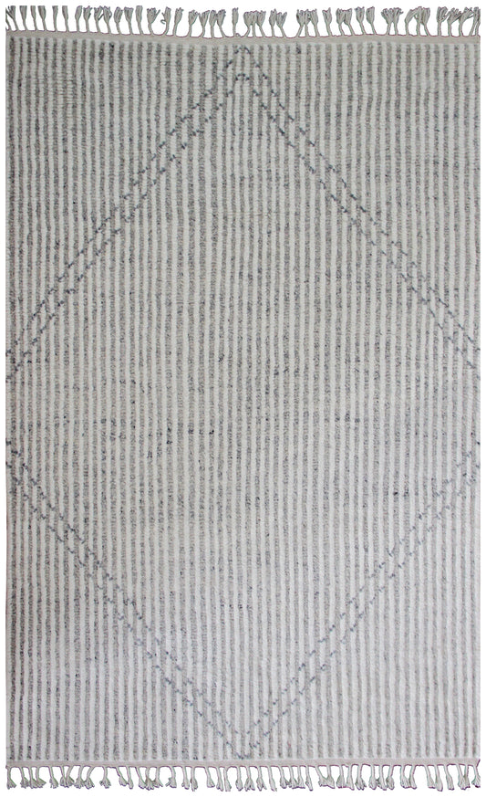 Hand Knotted Ivory Gray Modern Striped Rug - Hand Carved Texture 5.6x8.6 Feet 