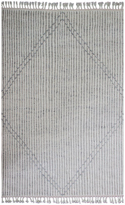 Hand Knotted Ivory Gray Modern Striped Rug - Hand Carved Texture 5.6x8.6 Feet