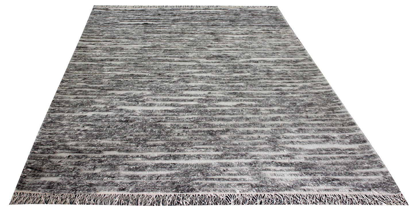 Hand Knotted Ivory Silver Charcoal Abstract Striped Rug - Modern Texture 5x8 