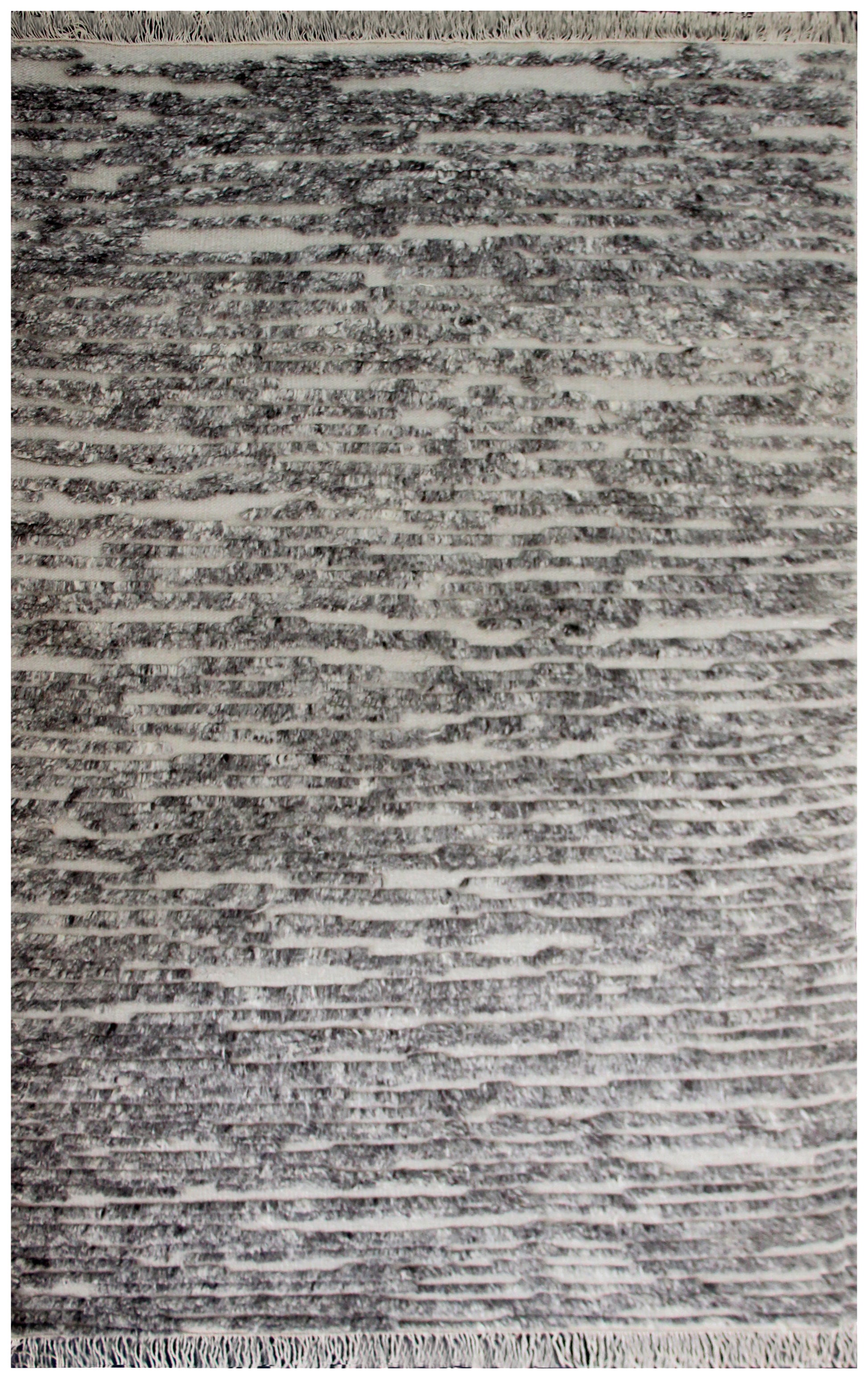 Hand Knotted Ivory Silver Charcoal Abstract Striped Rug - Modern Texture 5x8 