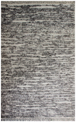 Hand Knotted Ivory Silver Charcoal Abstract Striped Rug - Modern Texture 5x8