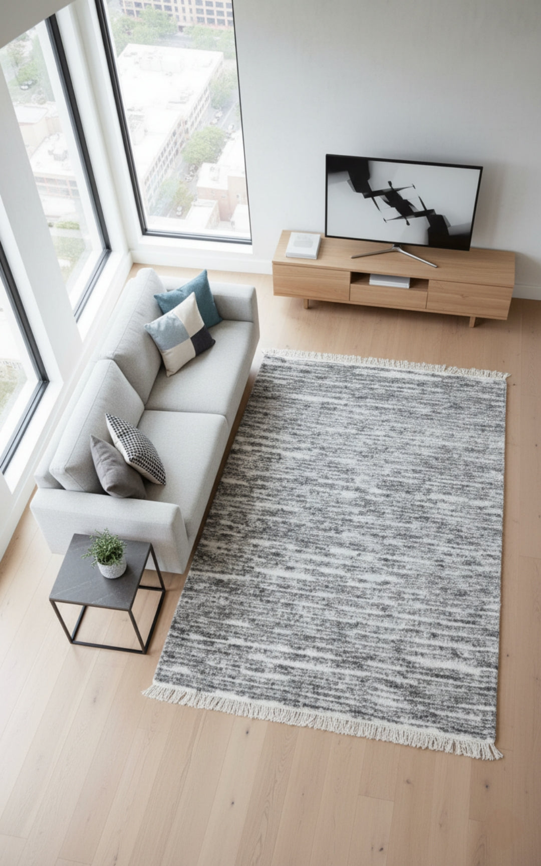 Hand Knotted Ivory Silver Charcoal Abstract Striped Rug - Modern Texture 5x8 