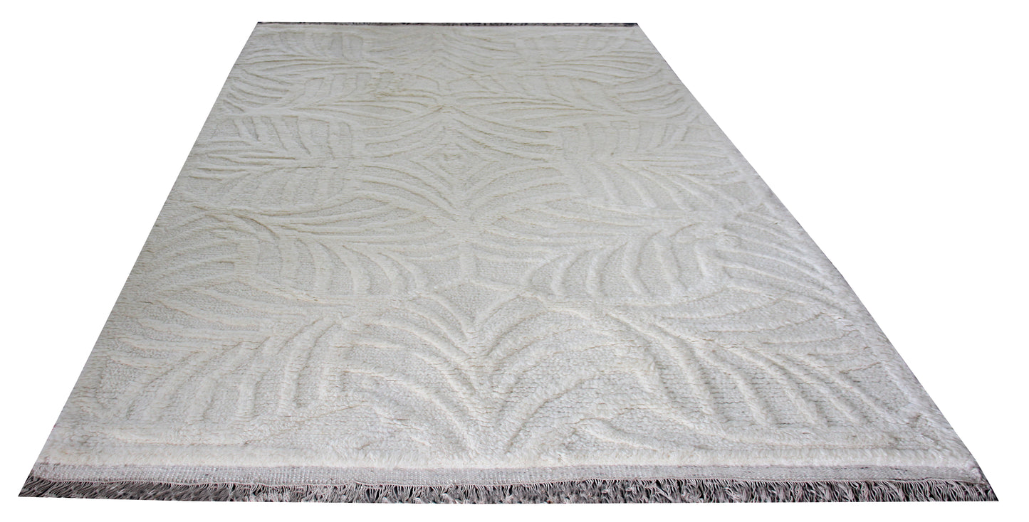 Hand Knotted Ivory Swirl Rug - Hand Carved Texture Area Rug 5.6x8 Feet 