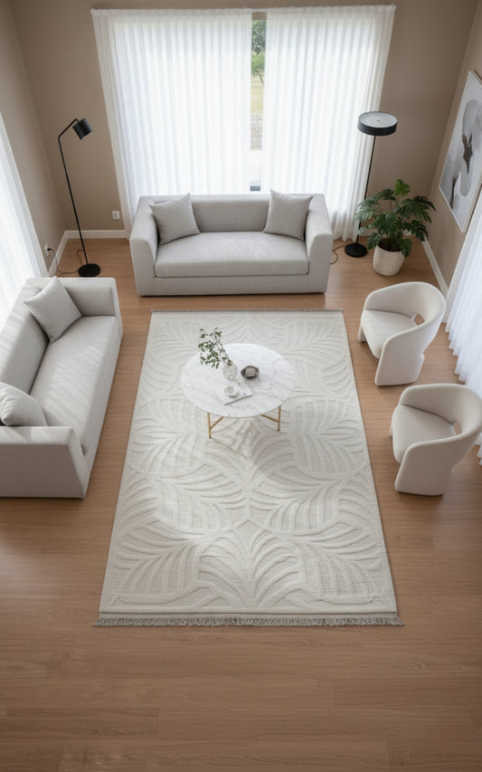 Hand Knotted Ivory Swirl Rug - Hand Carved Texture Area Rug 5.6x8 Feet