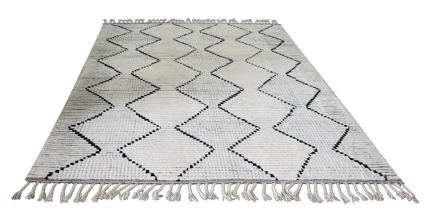Hand Knotted Ivory and Black Geometric Diamond Rug - Modern Area Rug 5.6x7.6 Feet 