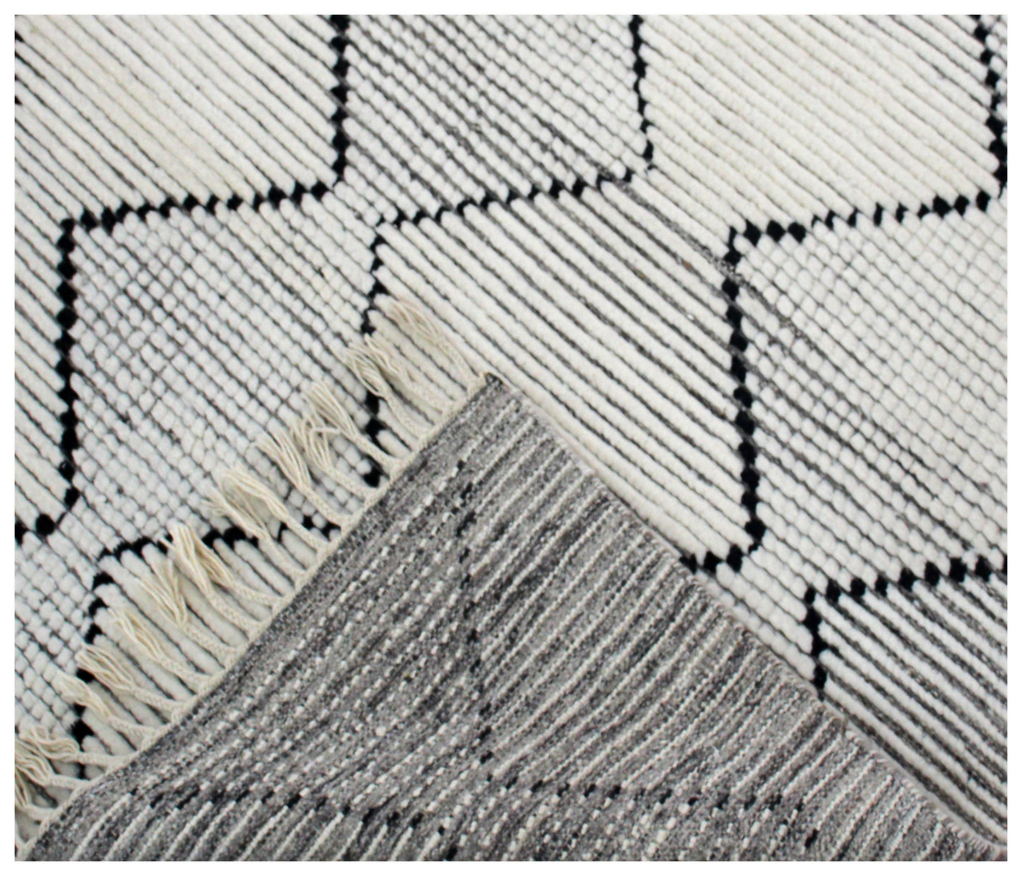 Hand Knotted Ivory and Black Geometric Diamond Rug - Modern Area Rug 5.6x7.6 Feet 