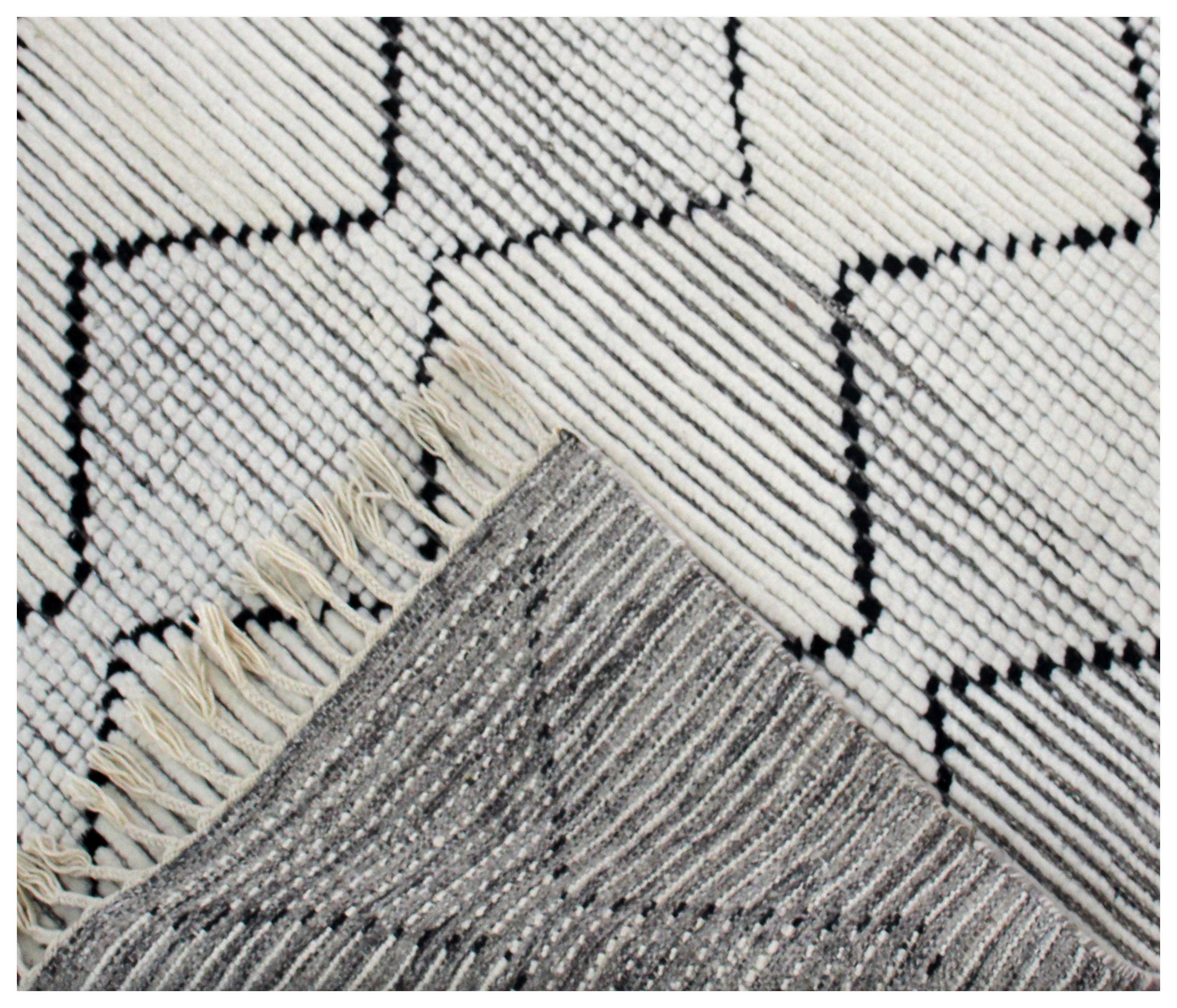 Hand Knotted Ivory and Black Geometric Diamond Rug - Modern Area Rug 5.6x7.6 Feet 