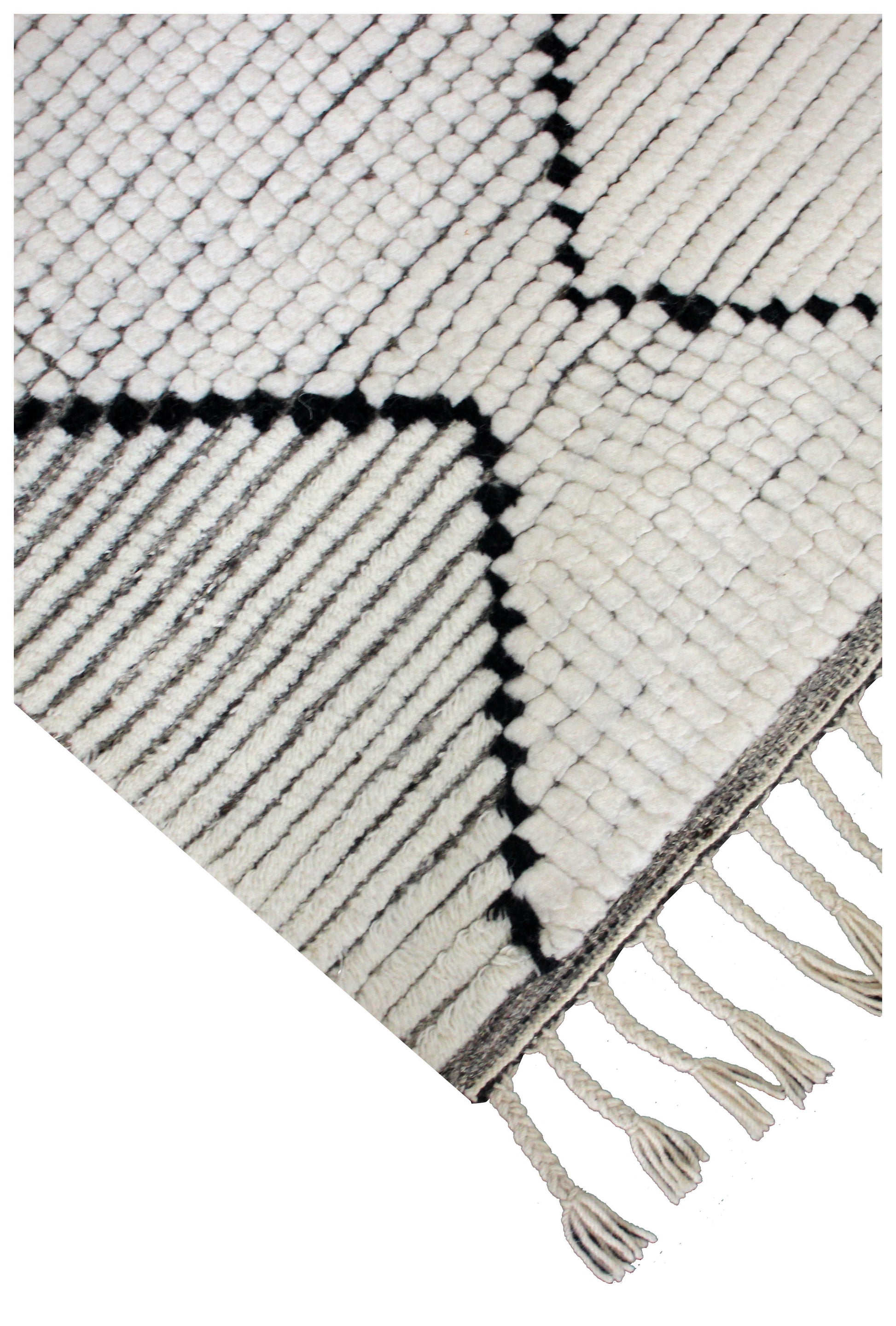 Hand Knotted Ivory and Black Geometric Diamond Rug - Modern Area Rug 5.6x7.6 Feet 