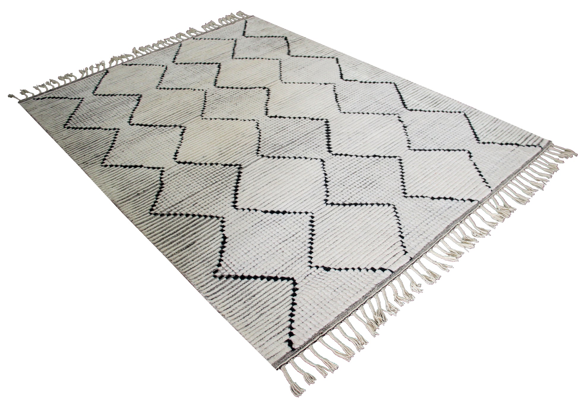 Hand Knotted Ivory and Black Geometric Diamond Rug - Modern Area Rug 5.6x7.6 Feet 