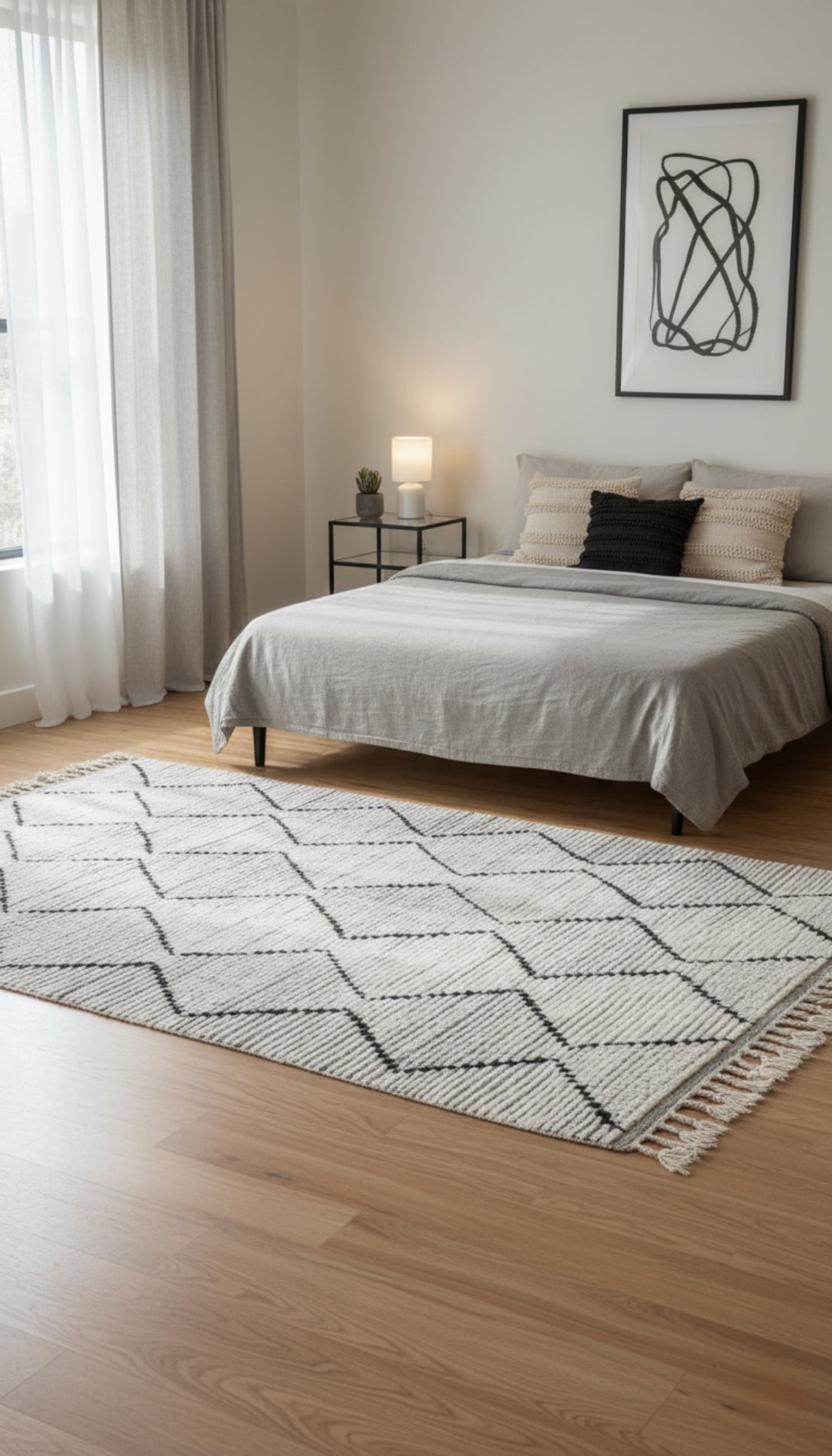 Hand Knotted Ivory and Black Geometric Diamond Rug - Modern Area Rug 5.6x7.6 Feet 
