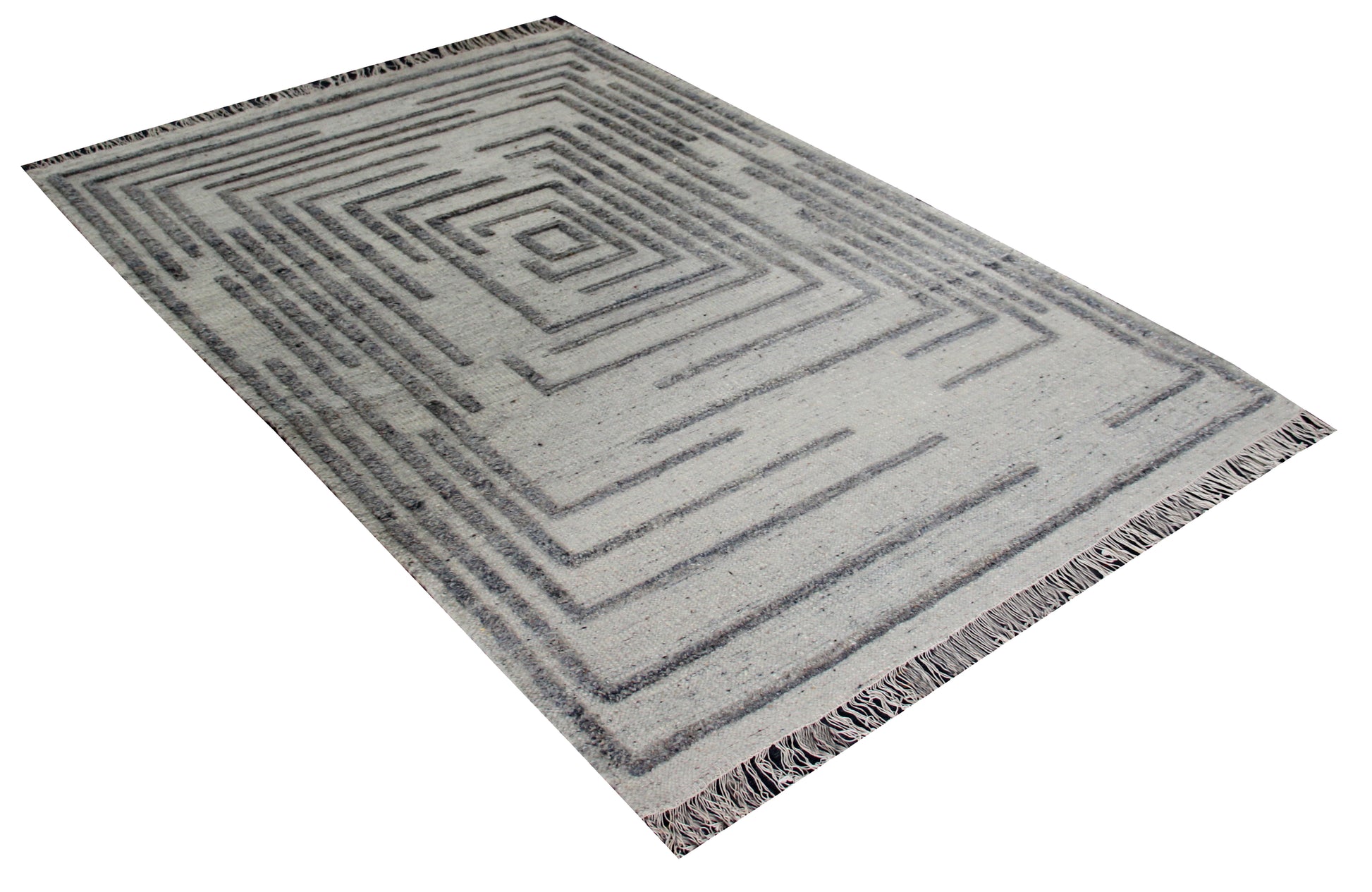 Hand Knotted Ivory and Gray Geometric Maze Rug - Modern Area Rug 5.6x8.6 Feet 