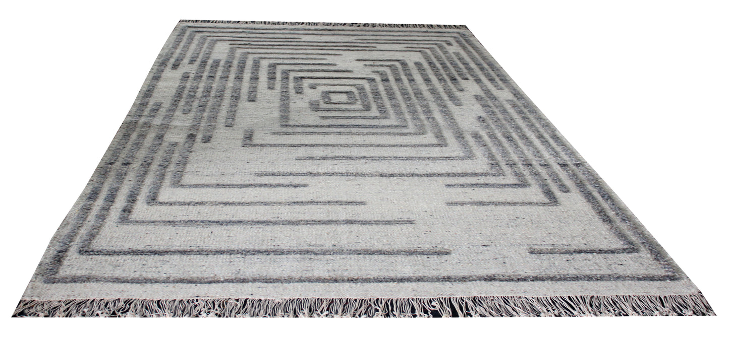 Hand Knotted Ivory and Gray Geometric Maze Rug - Modern Area Rug 5.6x8.6 Feet 