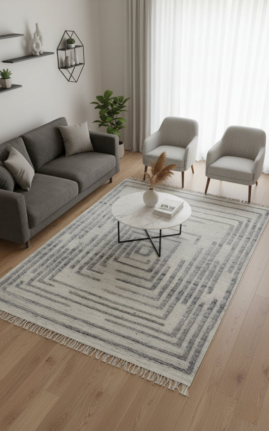 Hand Knotted Ivory and Gray Geometric Maze Rug - Modern Area Rug 5.6x8.6 Feet