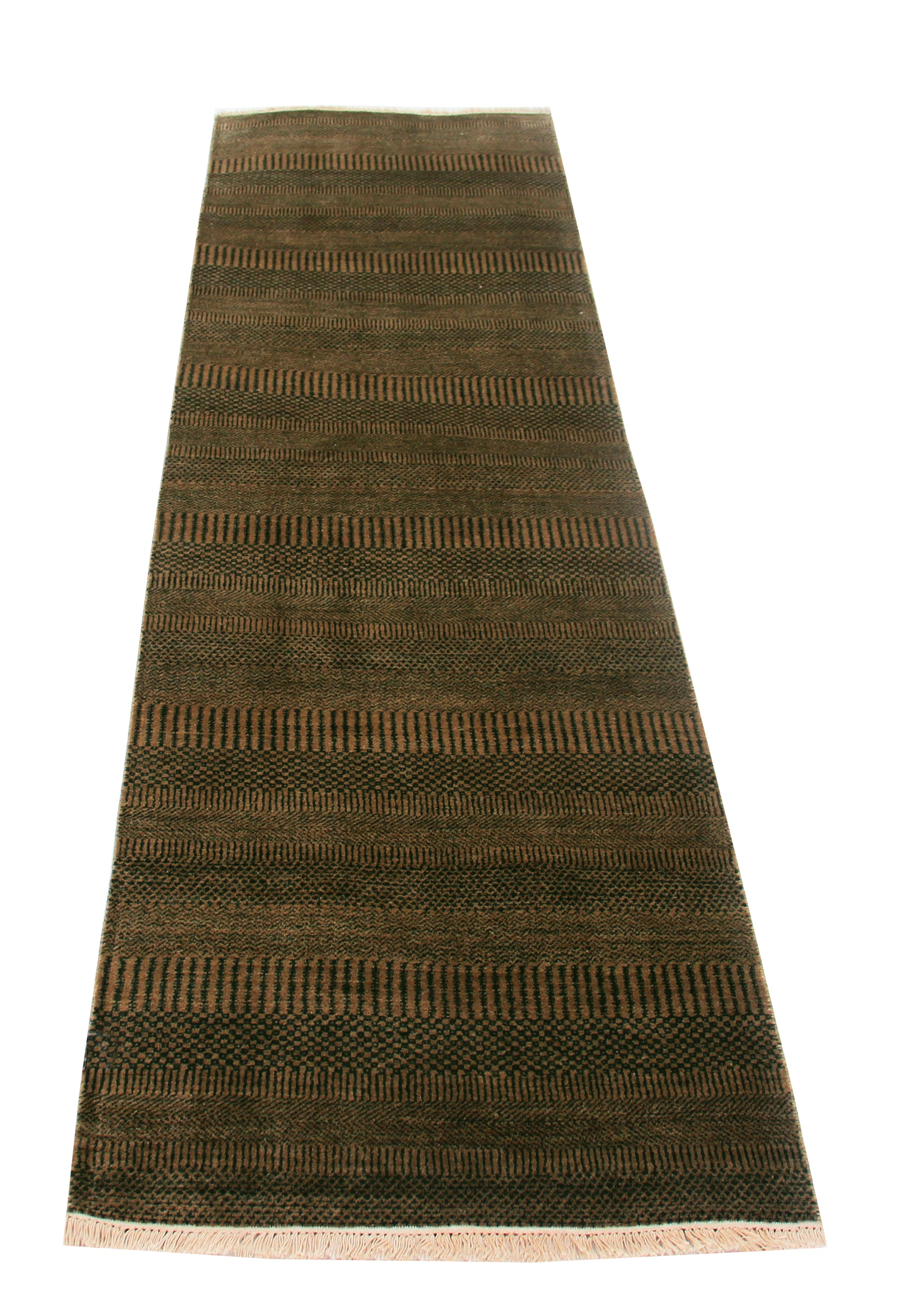 Hand Knotted Modern Olive Striped Runner Rug - Green Brown 2.6x10 Feet 
