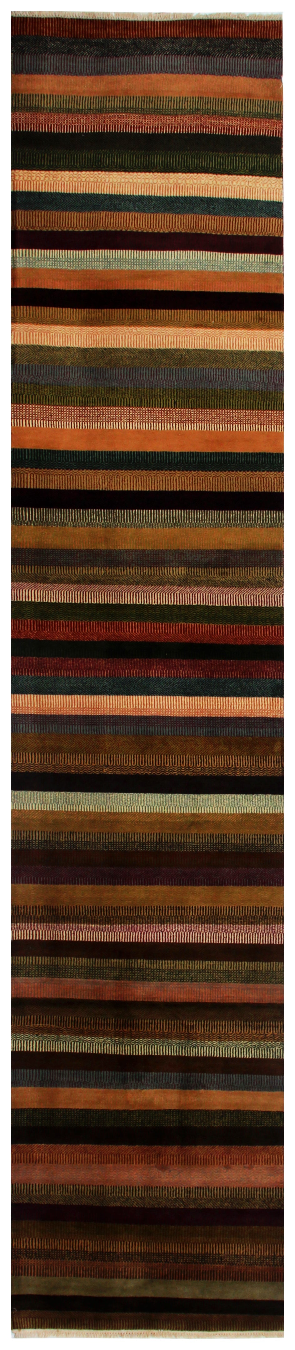 Hand Knotted Modern Striped Runner Rug - Multicolor 100 KPSI 3x16 3x10 