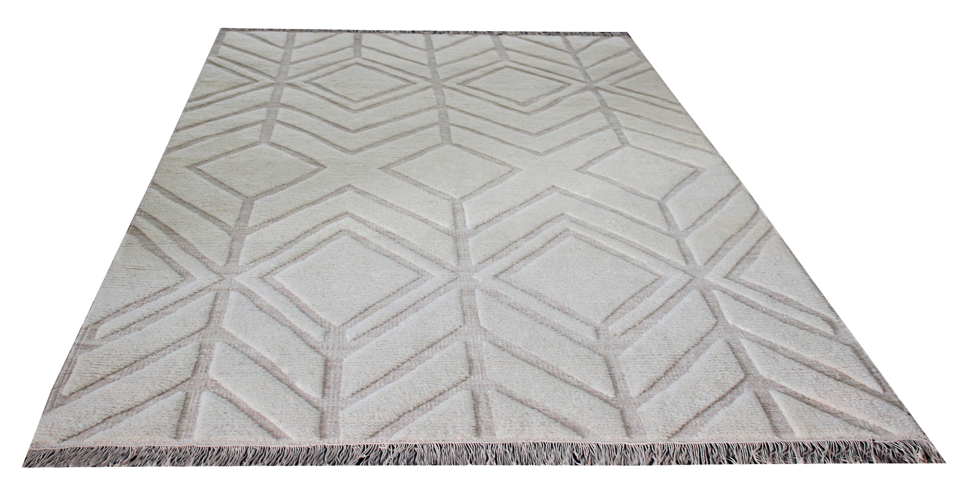 Hand Knotted Peach Ivory Geometric Rug - Hand Carved Texture 5x8 Feet 