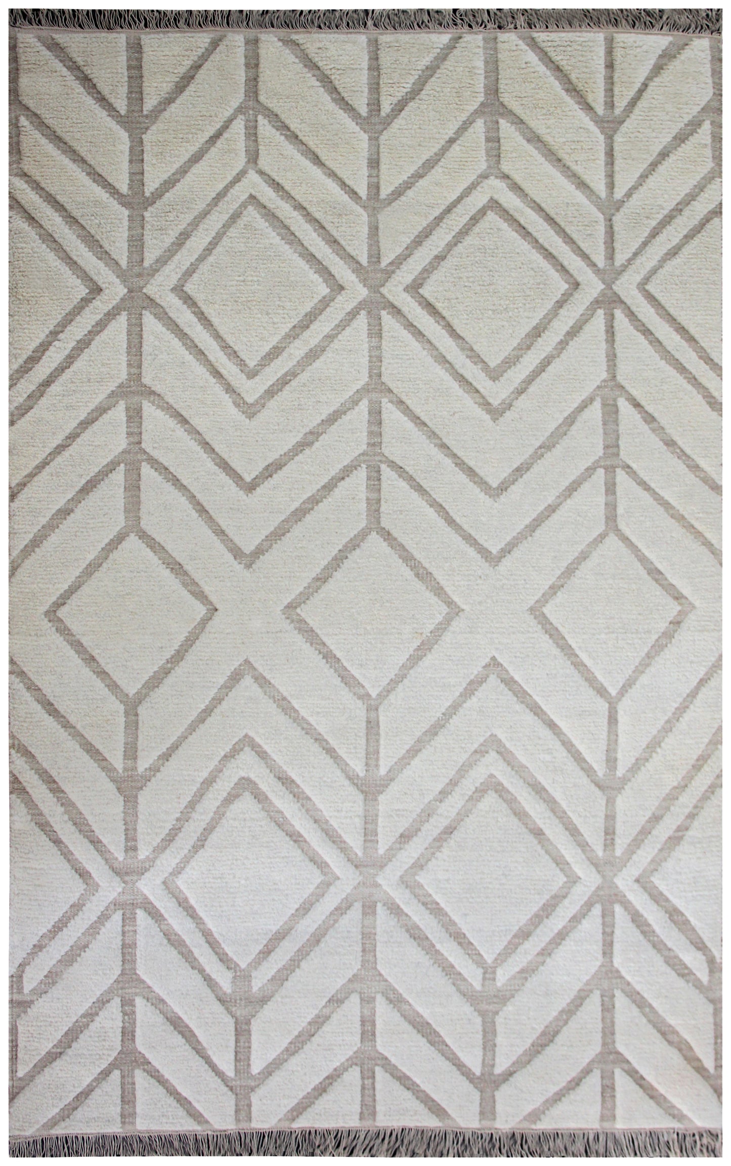 Hand Knotted Peach Ivory Geometric Rug - Hand Carved Texture 5x8 Feet 