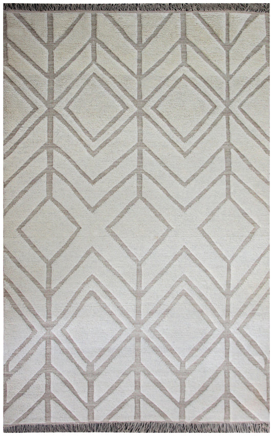 Hand Knotted Peach Ivory Geometric Rug - Hand Carved Texture 5x8 Feet 