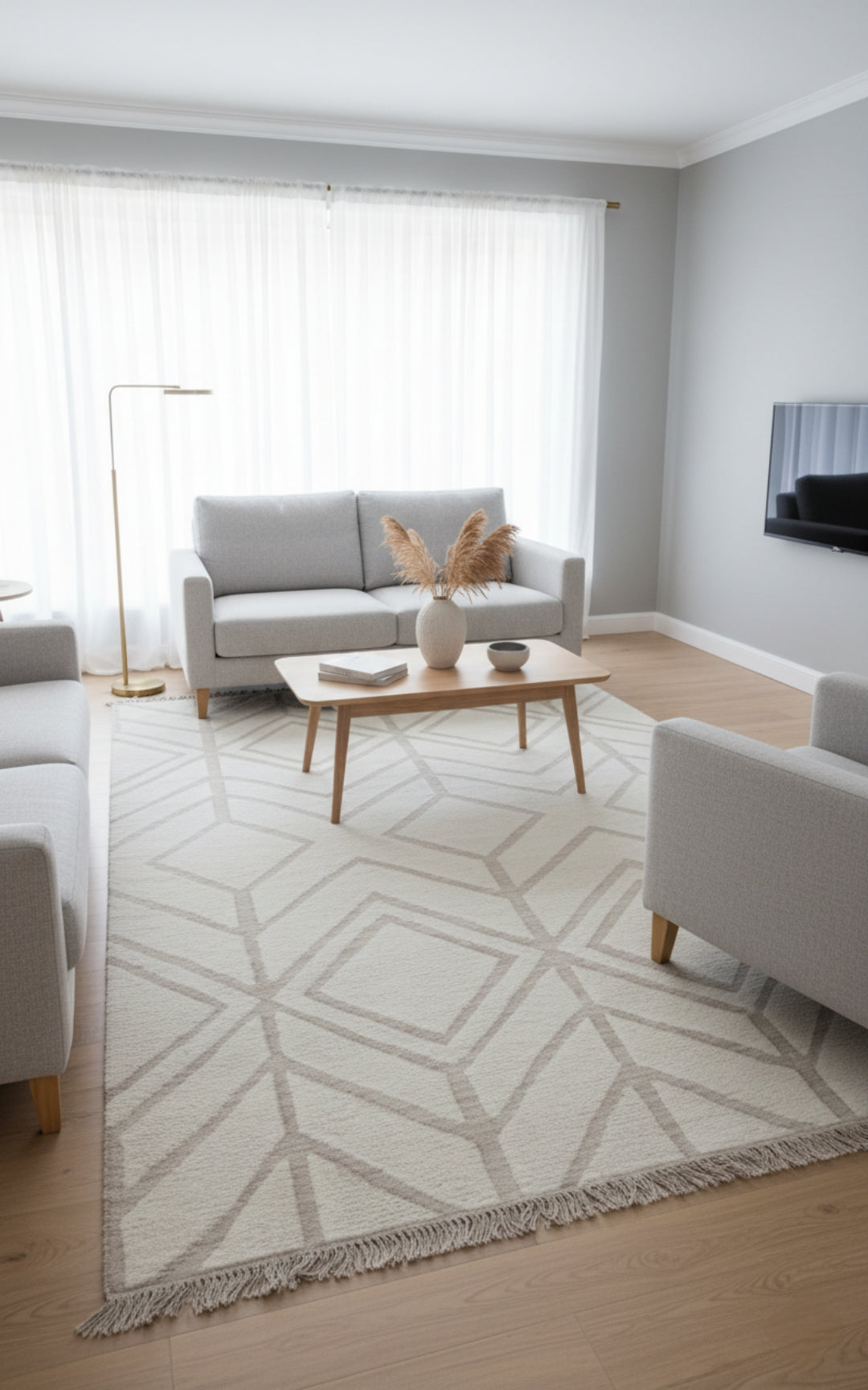 Hand Knotted Peach Ivory Geometric Rug - Hand Carved Texture 5x8 Feet 