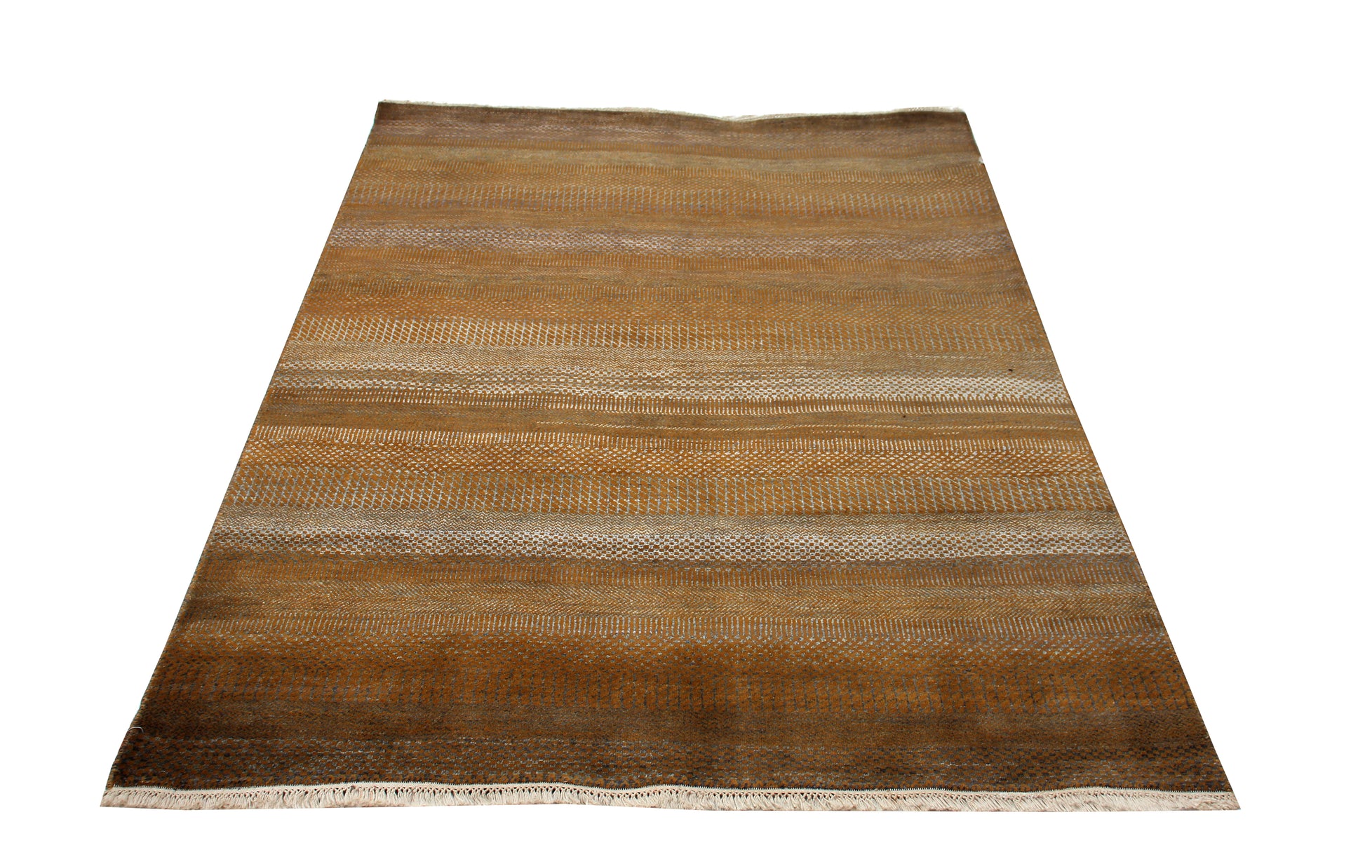 Hand Knotted Striped Modern Rug - Gold Brown Premium Wool Area Rug 