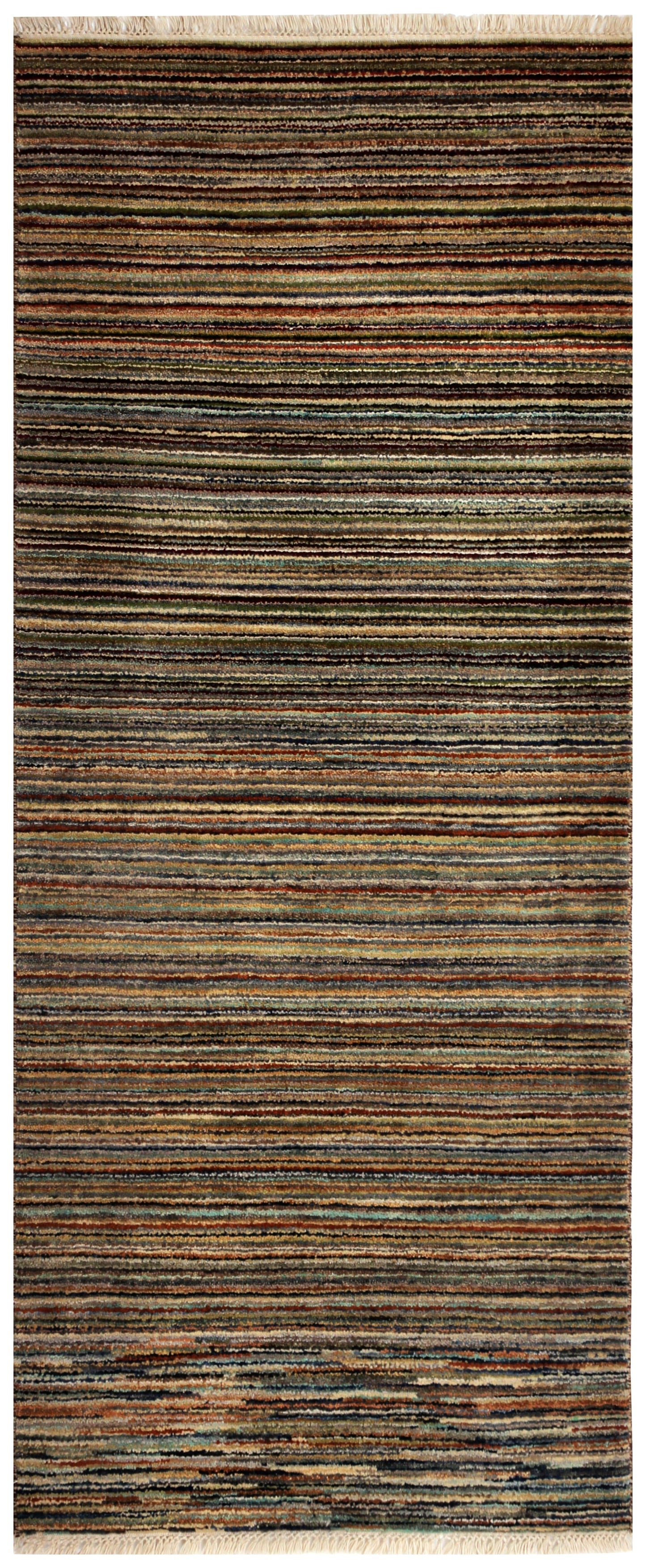 Hand Knotted Striped Modern Transitional Rug - Earth Tones Runner 