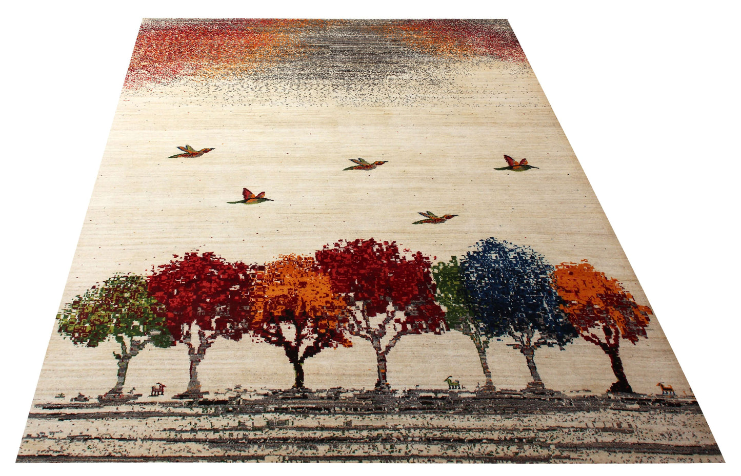 Hand Knotted Tree Landscape Rug - Ivory Multi Color Natural Wool Area 6.6x10 Rug