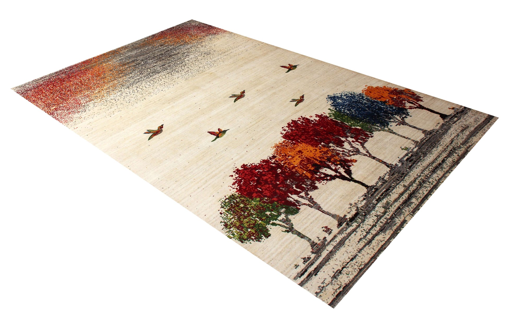 Hand Knotted Tree Landscape Rug - Ivory Multi Color Natural Wool Area 6.6x10 Rug