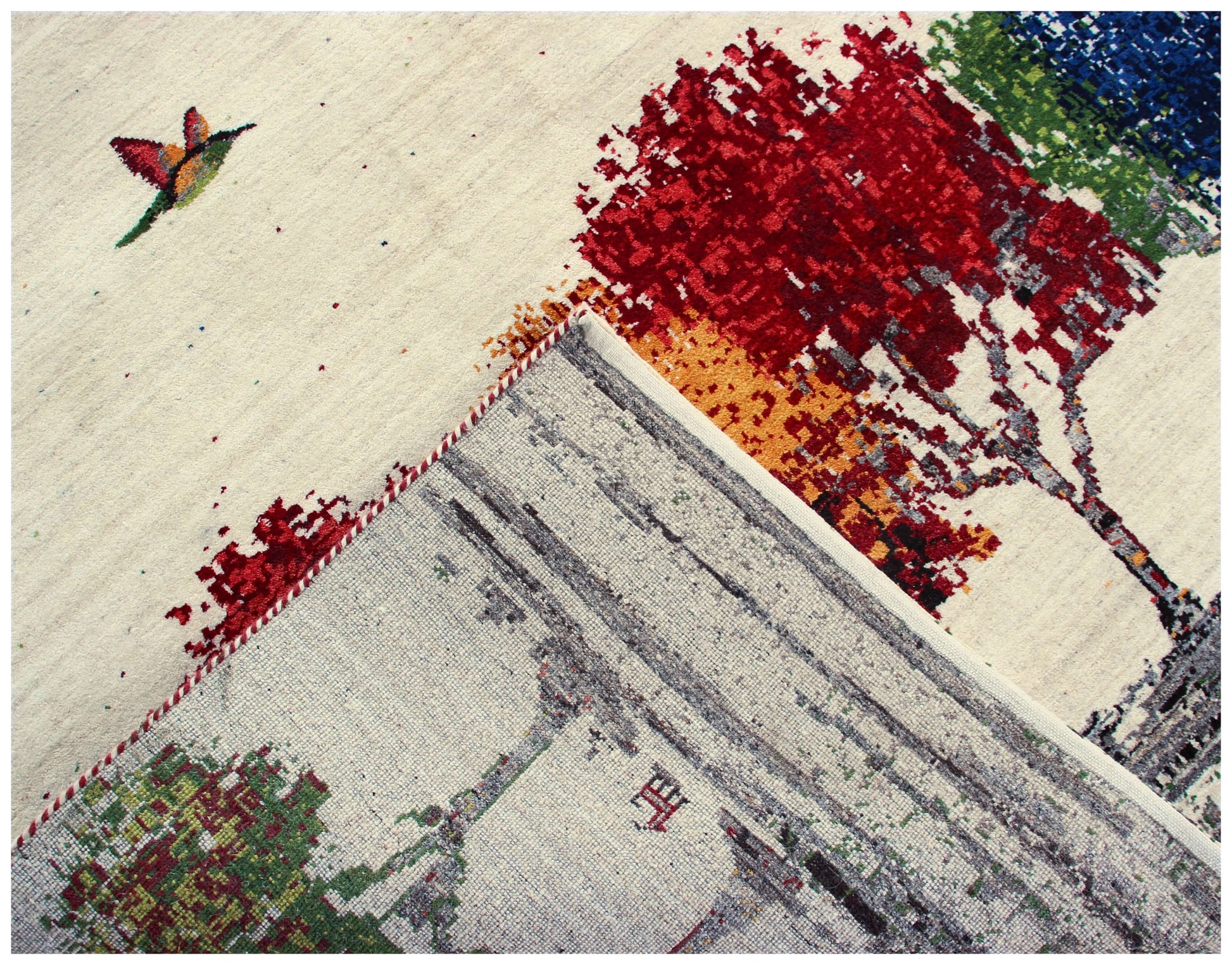 Hand Knotted Tree Landscape Rug - Ivory Multi Color Natural Wool Area 6.6x10 Rug