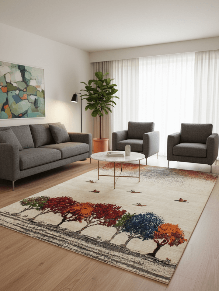 Hand Knotted Tree Landscape Rug - Ivory Multi Color Natural Wool Area 6.6x10 Rug