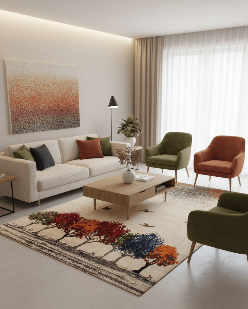 Hand Knotted Tree Landscape Rug - Ivory Multi Color Natural Wool Area 6.6x10 Rug