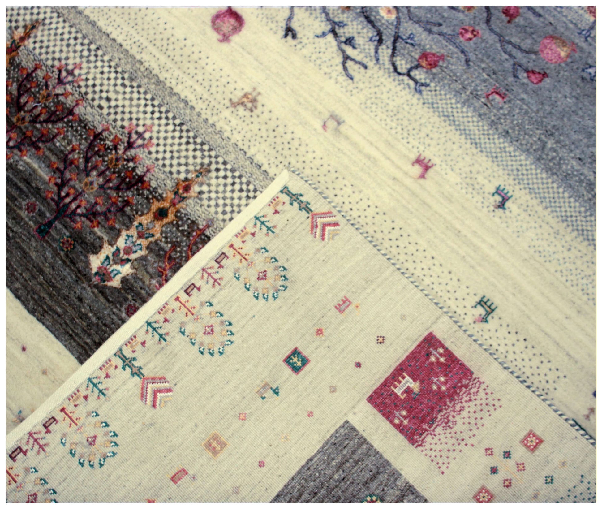 Hand Knotted Tree of Life Rug - Ivory Grey Maroon Natural Wool 8X12 Area Rug 