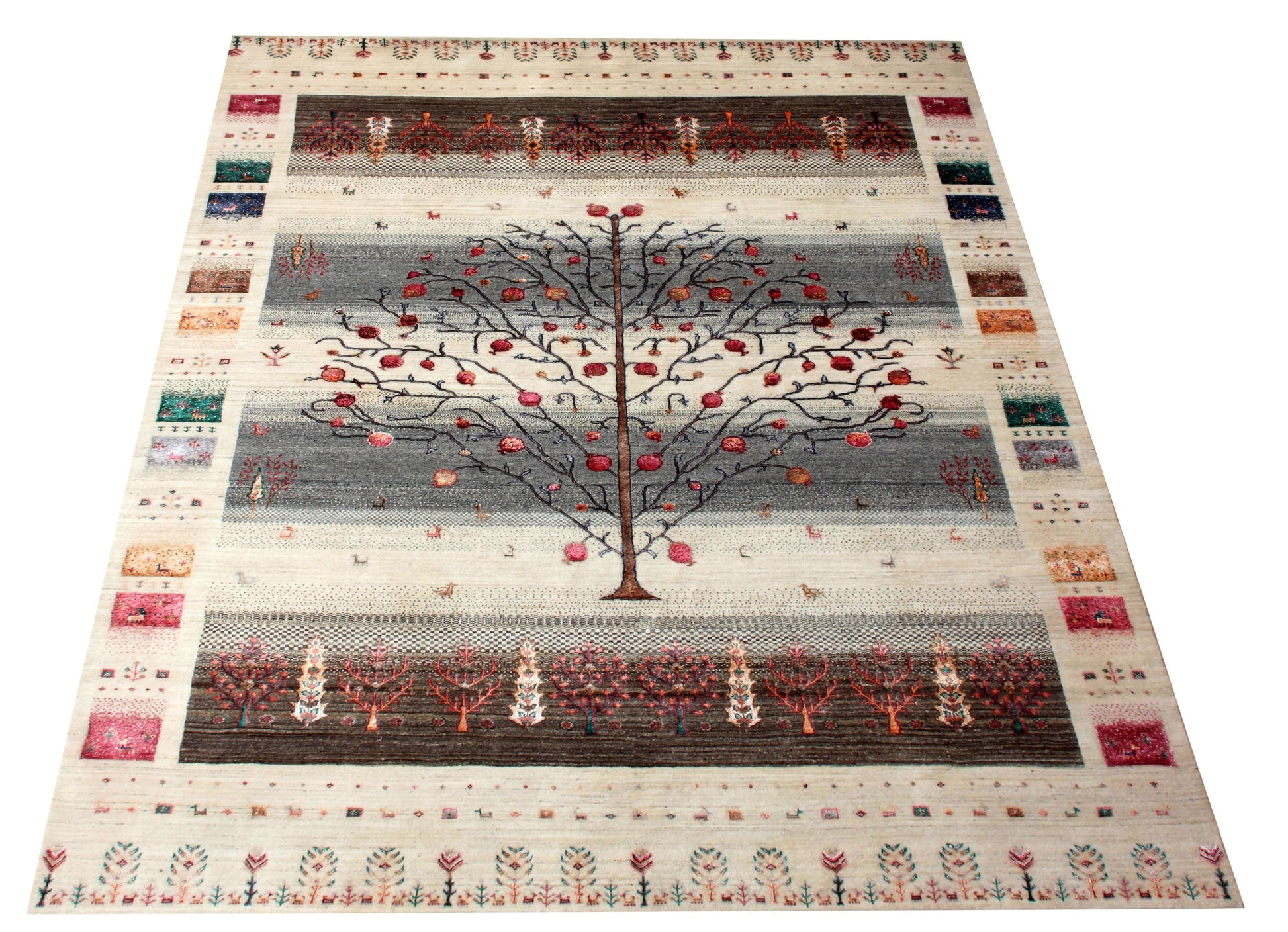 Hand Knotted Tree of Life Rug - Ivory Grey Maroon Natural Wool 8X12 Area Rug 