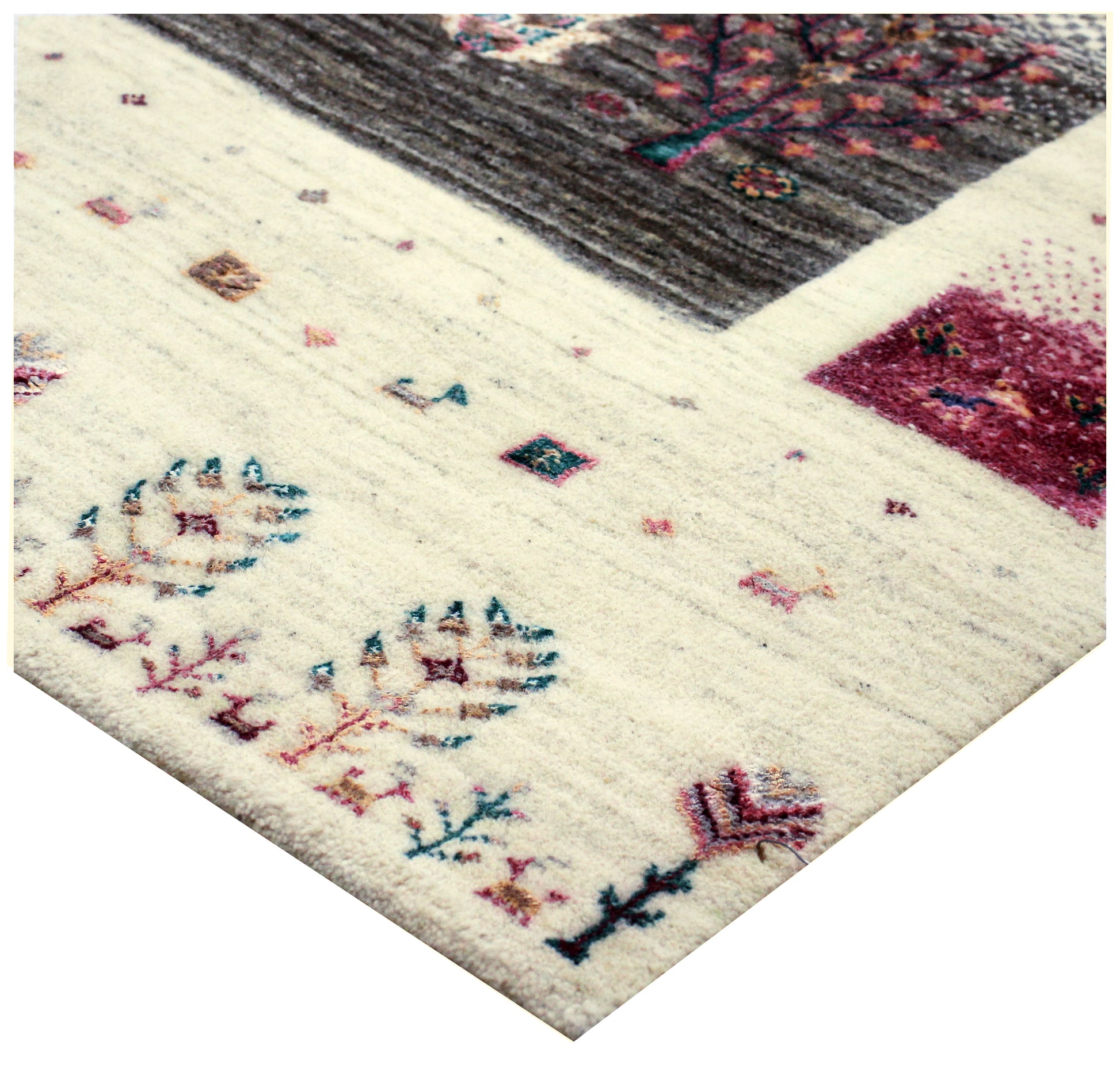 Hand Knotted Tree of Life Rug - Ivory Grey Maroon Natural Wool 8X12 Area Rug 