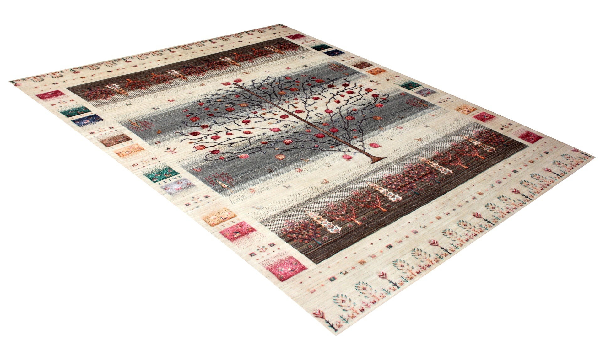 Hand Knotted Tree of Life Rug - Ivory Grey Maroon Natural Wool 8X12 Area Rug 