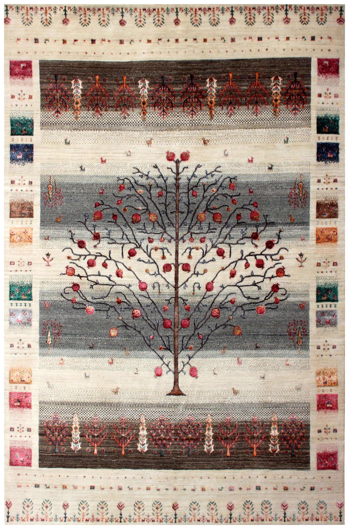 Hand Knotted Tree of Life Rug - Ivory Grey Maroon Natural Wool 8X12 Area Rug 