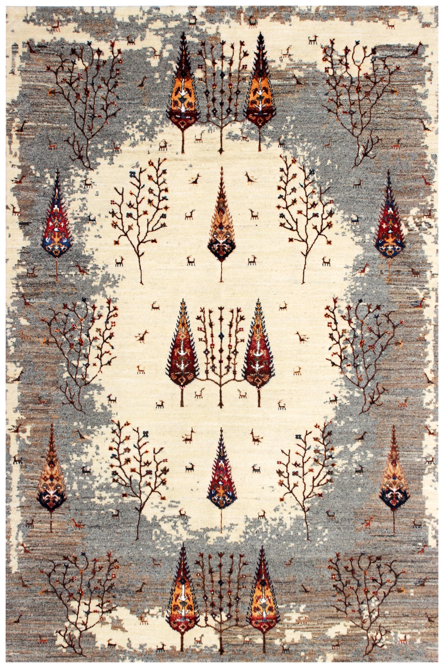 Hand Knotted Tree of Life Rug - Ivory Grey Natural Wool 5.6X8 Area Rug 