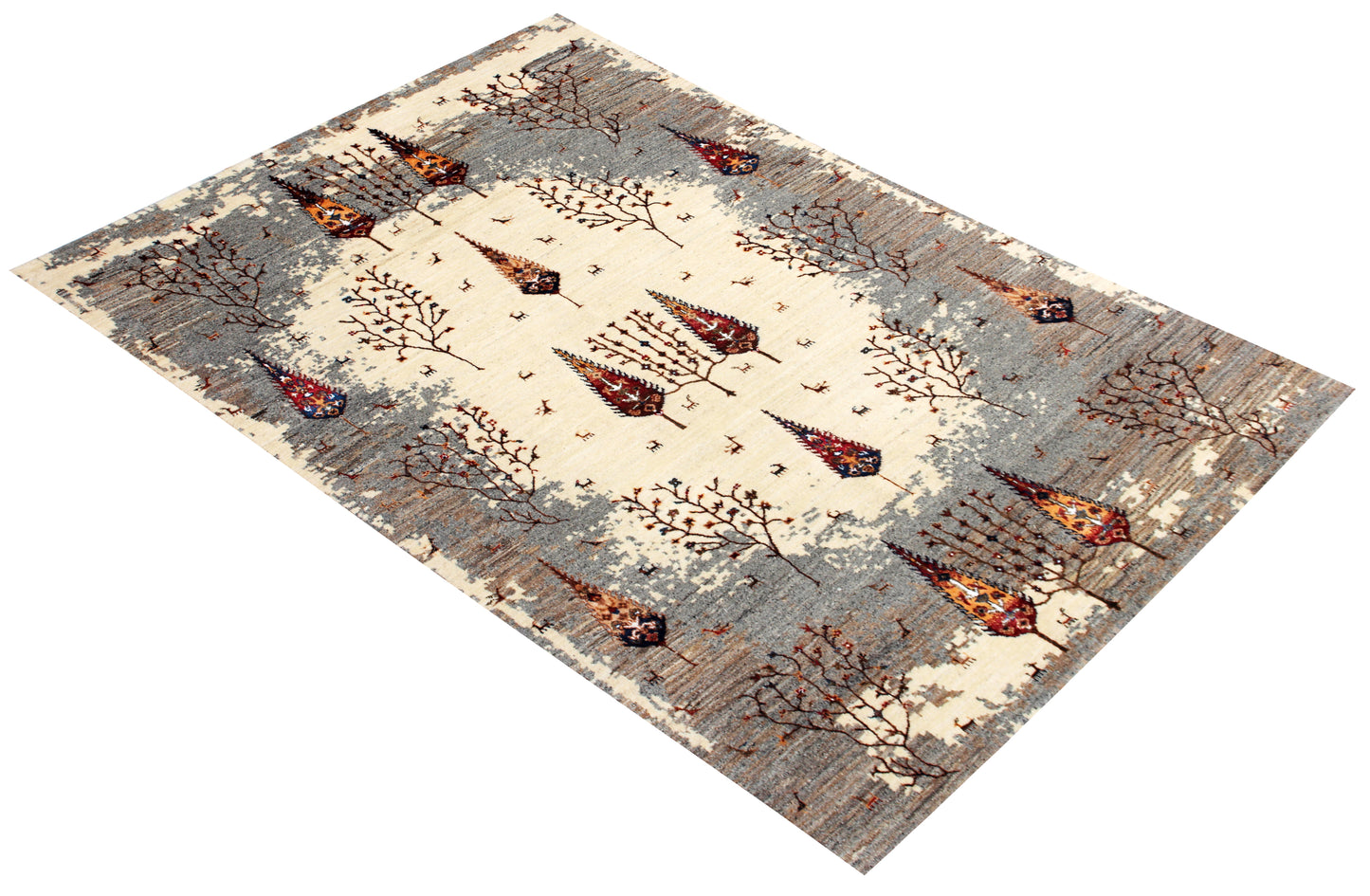 Hand Knotted Tree of Life Rug - Ivory Grey Natural Wool 5.6X8 Area Rug 