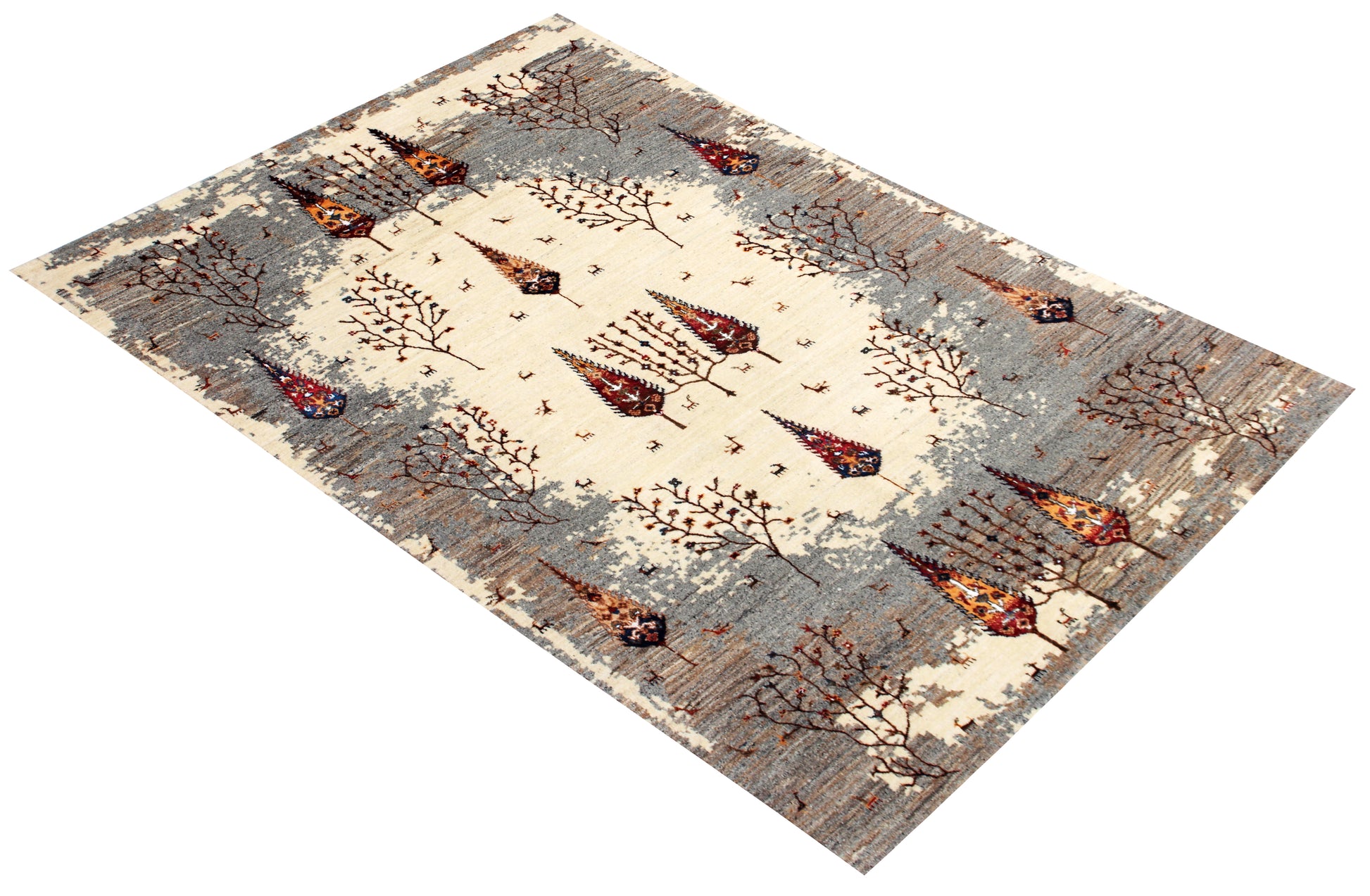 Hand Knotted Tree of Life Rug - Ivory Grey Natural Wool 5.6X8 Area Rug 