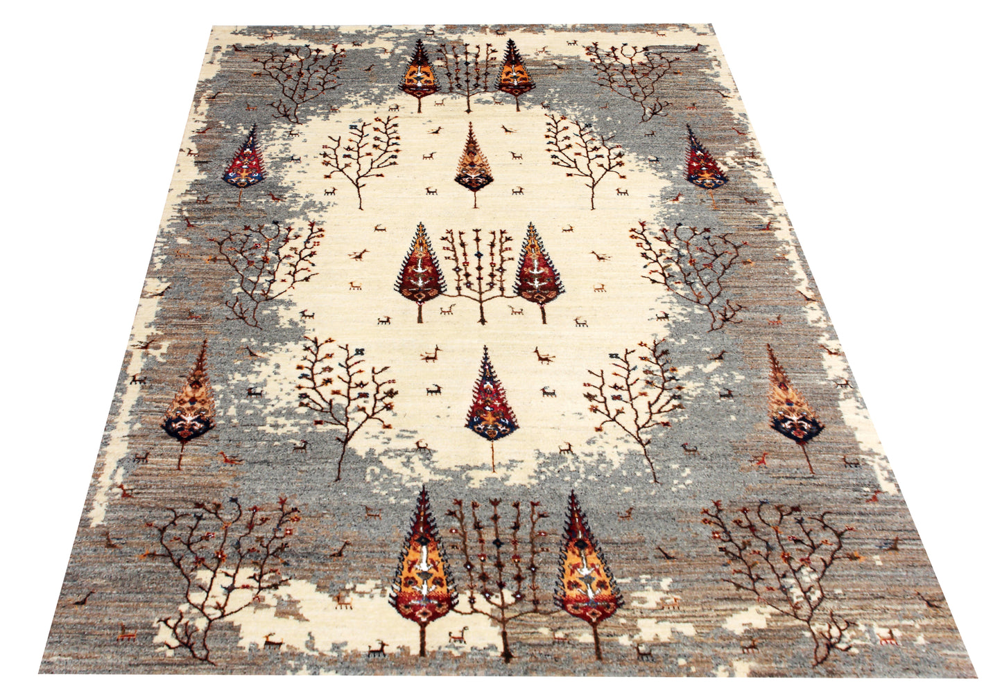 Hand Knotted Tree of Life Rug - Ivory Grey Natural Wool 5.6X8 Area Rug 