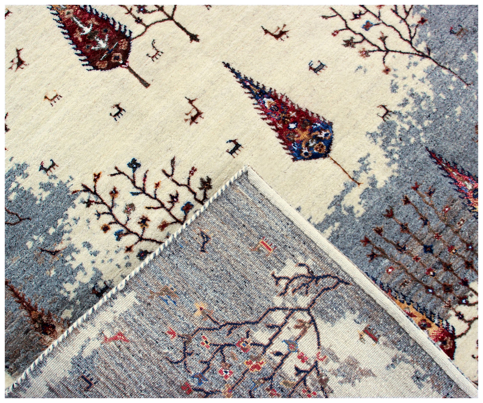 Hand Knotted Tree of Life Rug - Ivory Grey Natural Wool 5.6X8 Area Rug 