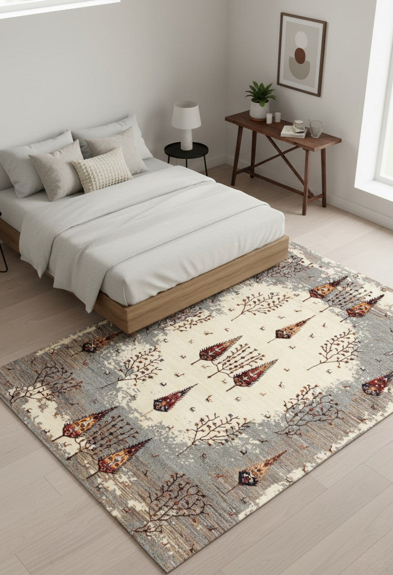 Hand Knotted Tree of Life Rug - Ivory Grey Natural Wool 5.6X8 Area Rug 