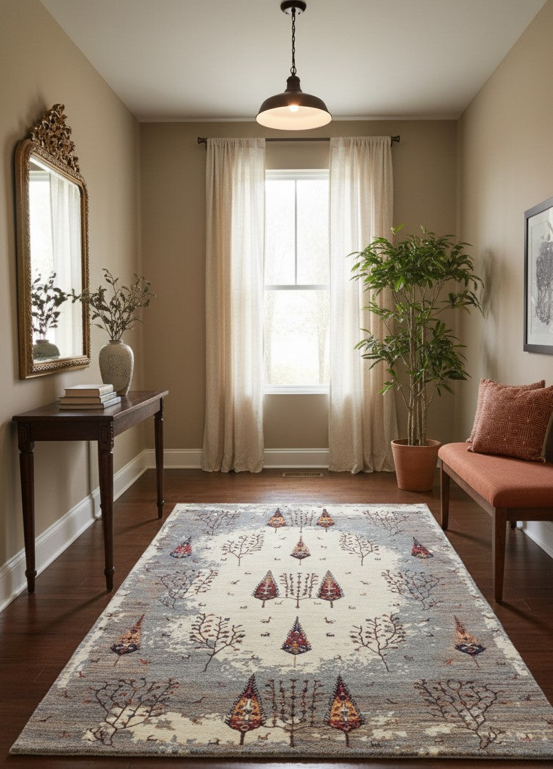 Hand Knotted Tree of Life Rug - Ivory Grey Natural Wool 5.6X8 Area Rug 