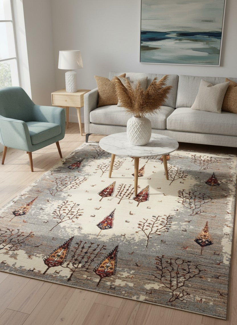 Hand Knotted Tree of Life Rug - Ivory Grey Natural Wool 5.6X8 Area Rug 